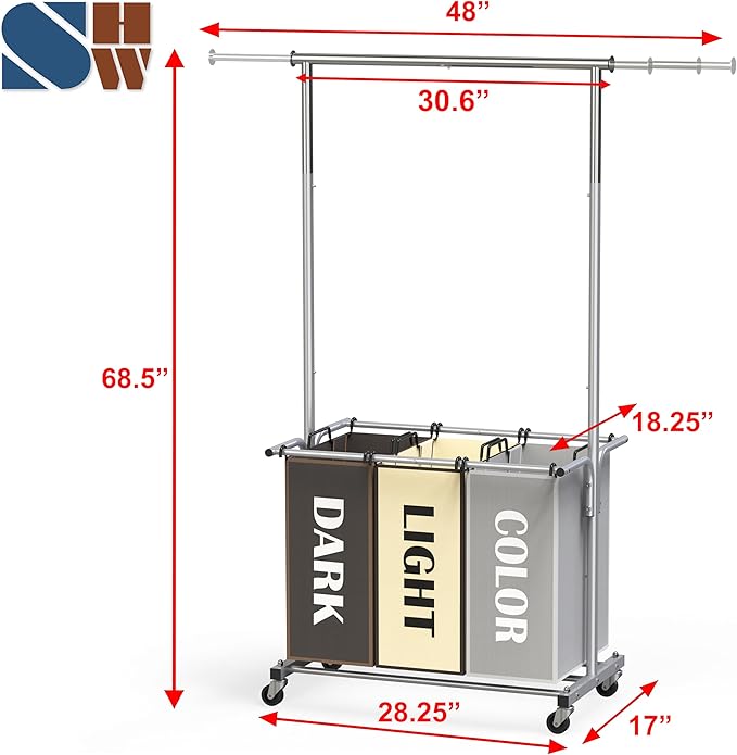 Simple Houseware 3-Bag Laundry Sorter with Extensible Clothes Hanging Rod, 3-Logoed Multi Color Bags