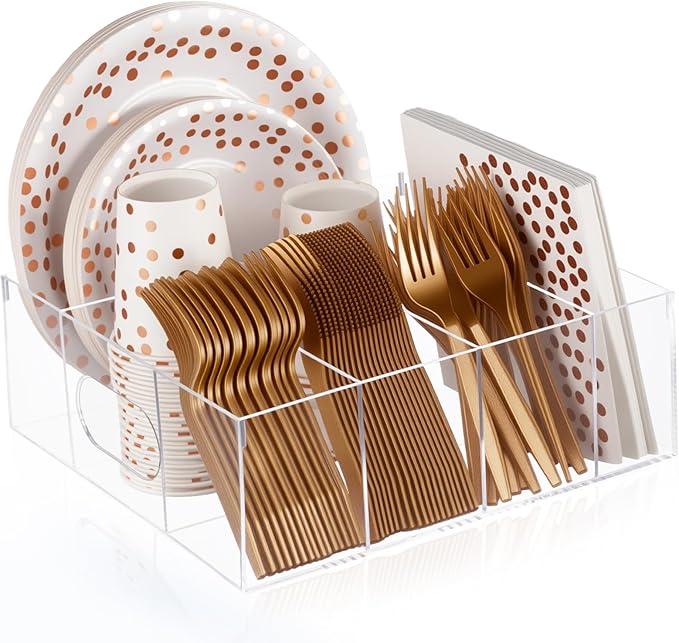 LemonRoad Utensil Holder for Party Acrylic Silverware Caddy Paper Plate Napkins Cups Fork Spoon Organizer with 6 Compartments Cutlery Caddy for Countertop Kitchen Party Camping Picnic