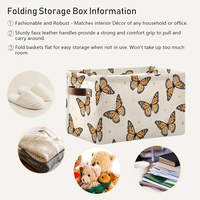 Monarch Butterflies Large Storage Basket Cube Storage Bin Canvas Fabric Organizer Handles Collapsible Decorative for Clothes Bedroom
