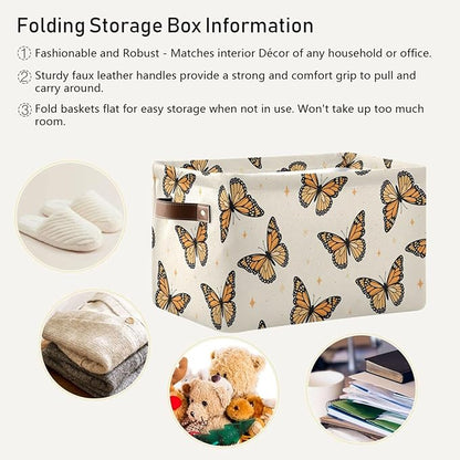 Monarch Butterflies Large Storage Basket Cube Storage Bin Canvas Fabric Organizer Handles Collapsible Decorative for Clothes Bedroom