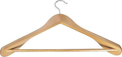 Bartnelli Wood Coat Hangers with Non-Slip Bar for Pants, Jeans and Trousers – Solid Wooden Jacket and Coat Hangers with Chrome Swivel Hook – Natural Finish - Pack of 6