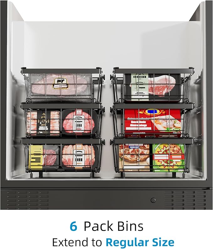 Deep freezer organizer bins-Fit 10 to 20 Cu.FT，6 Pcs stackable wire baskets for freezer，Vegetable Fruit Basket，kitchen countertop organizer，pantry organizers and storage，Expandable length 11.42-17.91"