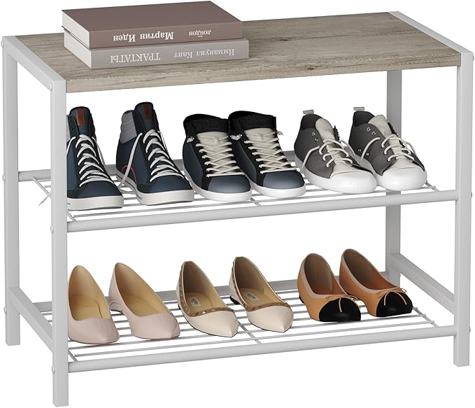 HOMEFORT 3-Tier Shoe Rack, Shoe Storage Shelf, Industrial Shoe Tower, Narrow Shoe Organizer for Closet Entryway, Small Shoe Rack Table with Durable Metal Shelves, White Oak