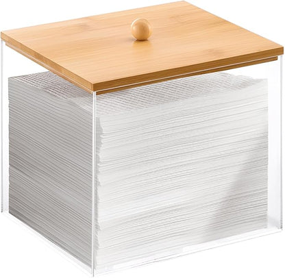 Puricon Acrylic Disposable Facial Towels Holder, Clear Storage Bin with Wood Lid Compatible with Clean Skin Club Towel (NOT Included), Face Towelettes Container for Bathroom Counter -Original