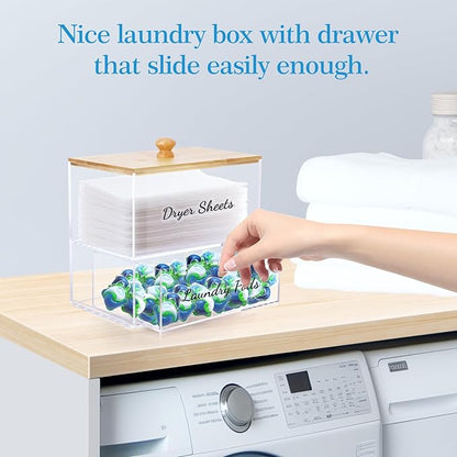 JYPS 1+1 Acrylic Dryer Sheet Holder with Drawer and Bamboo Lid, Clear Acrylic Large-Capacity Laundry Pods Container, Scent Boosters & Powder, Laundry Room Organization decor, Storage Jars Set