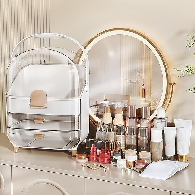Makeup Organizer, Skincare Organizers with Clear Lid & 2 Drawers and 360° Rotating Brush Holder