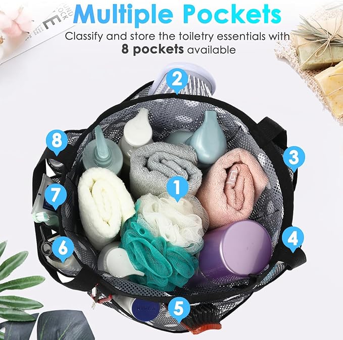 Fammart Mesh Shower Caddy Portable for College Dorm Room Essentials, Odorless Polyester Large Shower Tote Bag with Dual Handles, 8-Pocket Quick-Dry Toiletry Organizer for Travel, Beach, Camping, Gym