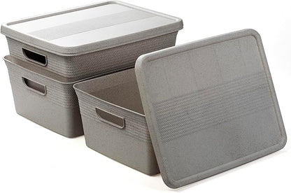BINO | Plastic Storage Bins with Lids, 13 Liter - 3 Pack, Natural Grey | THE BRAIDED COLLECTION | Plastic Bins for Organization Woven Storage Baskets for Organizing Pantry Shelf Organizer Basket Bin
