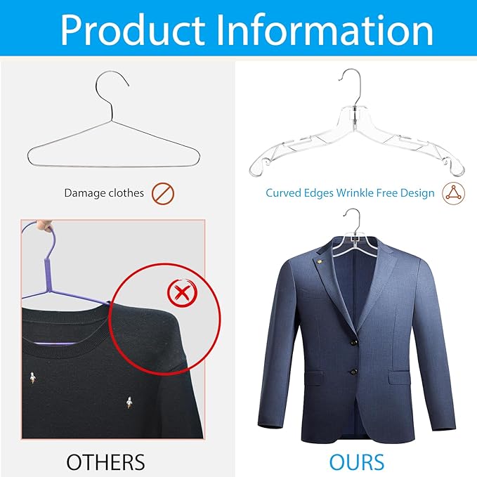 12 Pack Clear Plastic Hangers, 16.7 Inch Heavy Duty Hangers Clear Acrylic Hanger with 360 Swivel Metal Hook and Notches, Dress Hanger for Clothes Coat Shirts Dresses