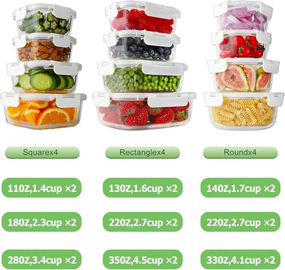 HOMBERKING 24pc Glass Food Storage Containers with Lids, Glass Meal Prep Containers with Leak Proof Snap Lock Lids, Airtight Bento Lunch Boxes, Kitchen Storage (12 lids & 12 Containers) - White