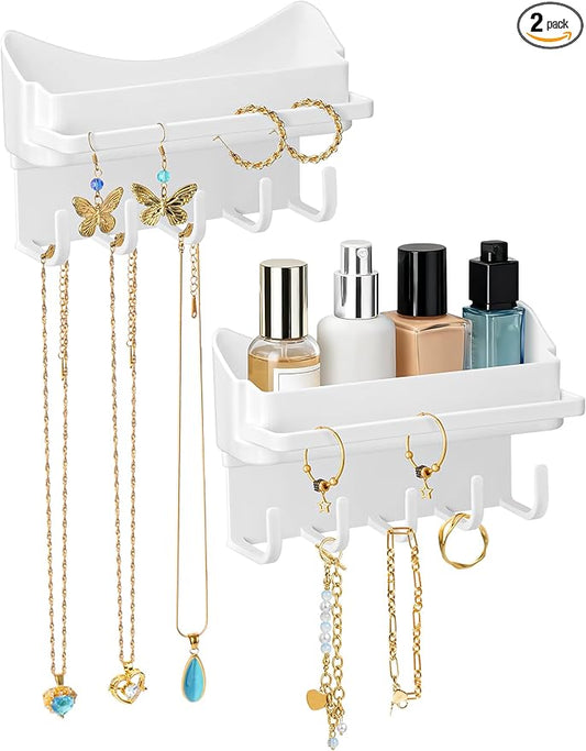 NiHome 2-Pack Multi-Functional Wall Storage Rack with Hooks, No Drill Adhesive Wall Mounted Organizer for Necklace, Jewelry, Headbands, Glasses, Vanity Accessory Shelf & Bathroom Storage Organizer