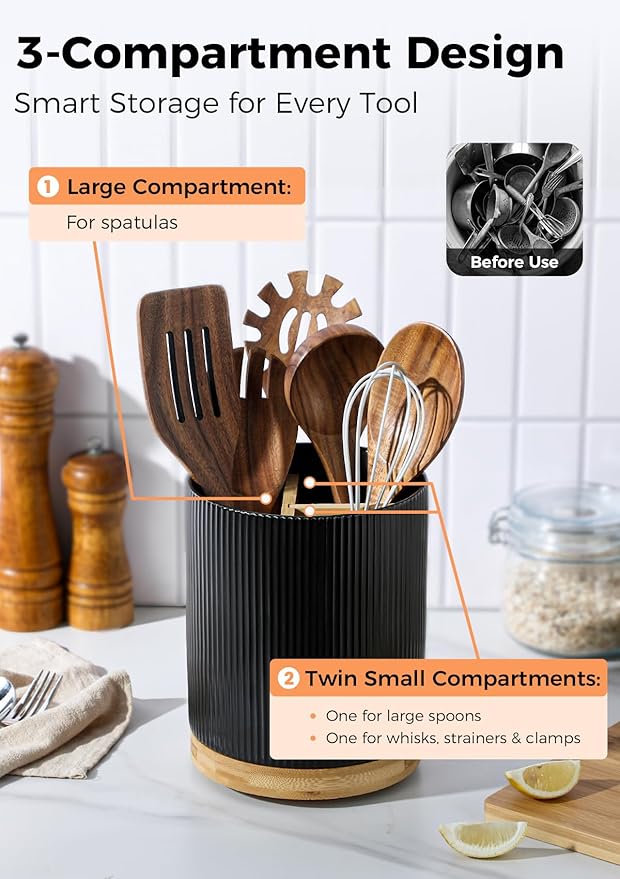 LoeJan 3 Compartment Utensil Holder, Extra Large Utensil Crock, Stable Ceramic Utensil Organizer, Cooking Tool Organizer Set for Kitchen Counter Farmhouse Decor (B-Black(Vertical Stripe))