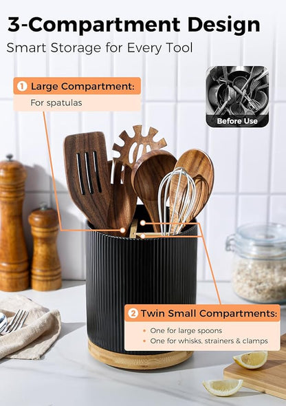 LoeJan 3 Compartment Utensil Holder, Extra Large Utensil Crock, Stable Ceramic Utensil Organizer, Cooking Tool Organizer Set for Kitchen Counter Farmhouse Decor (B-Black(Vertical Stripe))