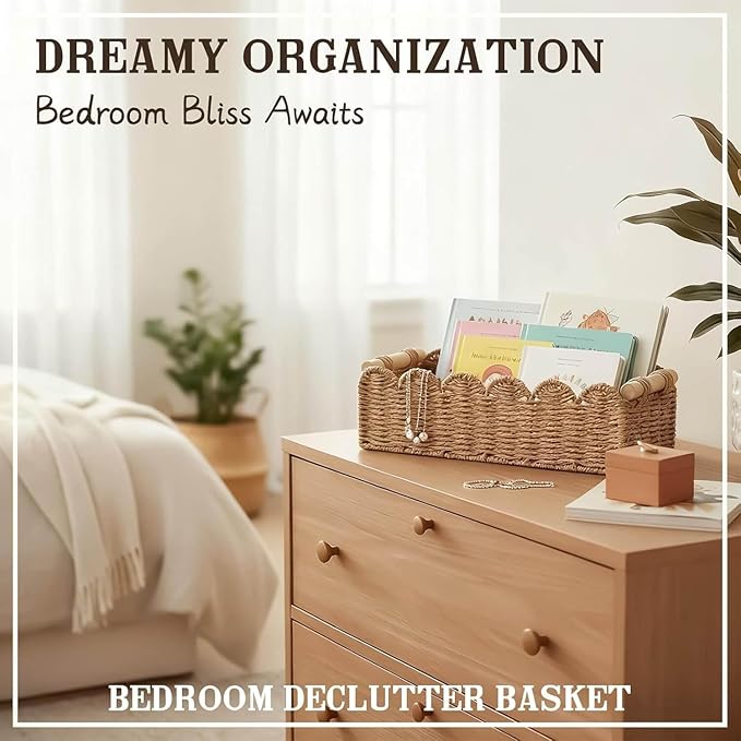 CubesLand Bathroom Basket Organizer, Toilet Tank Paper Storage Baskets 2-Pack, Scalloped Decorative Basket for Countertop w/Handle, Wicker Basket for Bathroom Decor, Home Decor, Living Room, Neutral