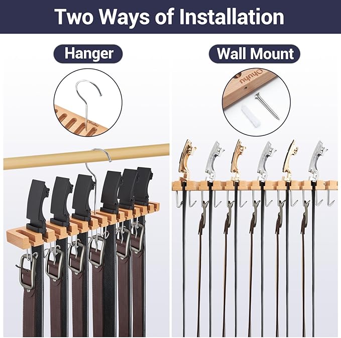 Belt Hanger Organizer for Closet: Ohuhu 2 in 1 Wall Mount Hanger 14 Slots+13 Hooks Storage Wooden Belt Organization 360 Degree Rotating Belt Display Holder for Belt Tie Scarf Accessories