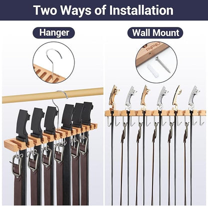 Belt Hanger Organizer for Closet: Ohuhu 2 in 1 Wall Mount Hanger 14 Slots+13 Hooks Storage Wooden Belt Organization 360 Degree Rotating Belt Display Holder for Belt Tie Scarf Accessories