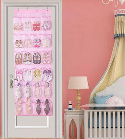 MISSLO Over The Door Shoe Organizer 24 Large Mesh Pockets (Pink)