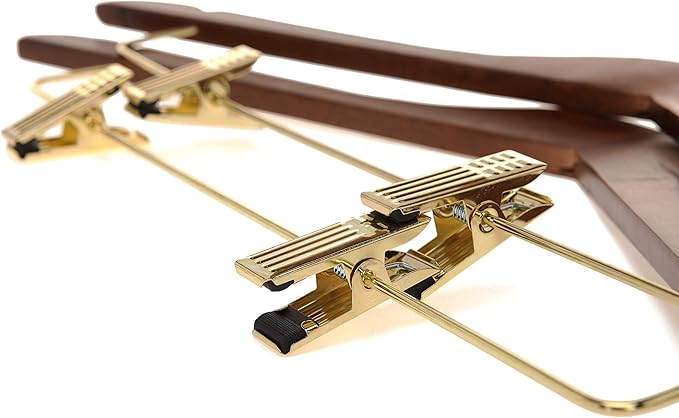 Quality Wooden Skirt Hangers with Clips, 10-Pack Smooth Solid Wood Pants Hangers with Durable Adjustable Metal Clips, Swivel Hook, Coat, Jacket, Blouse Suit Hangers (Walnut - Gold Hook, 10)
