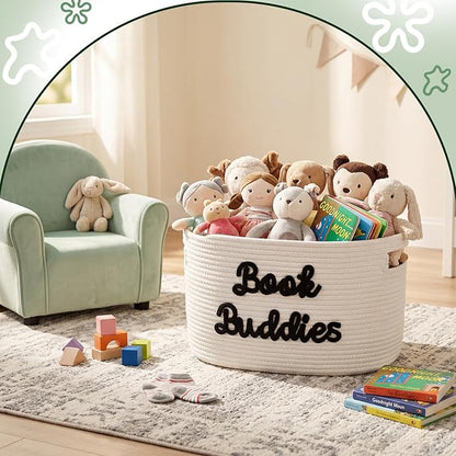 Threehoney Book Buddies Basket Preschool Book Toy Storage Basket with Handle Woven Cotton Rope Organizer for Back to School Kindergarten Preschool Classroom Graduation 15 x 10 x 9 Inches(Black)