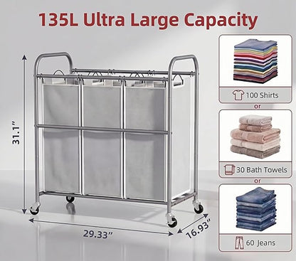 ROMOON Laundry Sorter Hamper 3 Section, Divided Laundry Basket Organizer with Heavy Duty Lockable Wheels and Removable Bags, Rolling Clothes Hamper for Apartment, Dorm & Family (135L Neutral Gray)