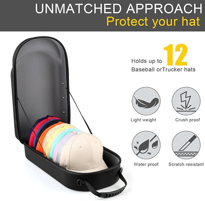 GERMUN Hard baseball hat case, Hat Carrier Travel Case with Adjustable Shoulder Strap, Hat cap case for 12 Baseball Caps - Perfect for Traveling & At-Home Storage (Black with Grey)