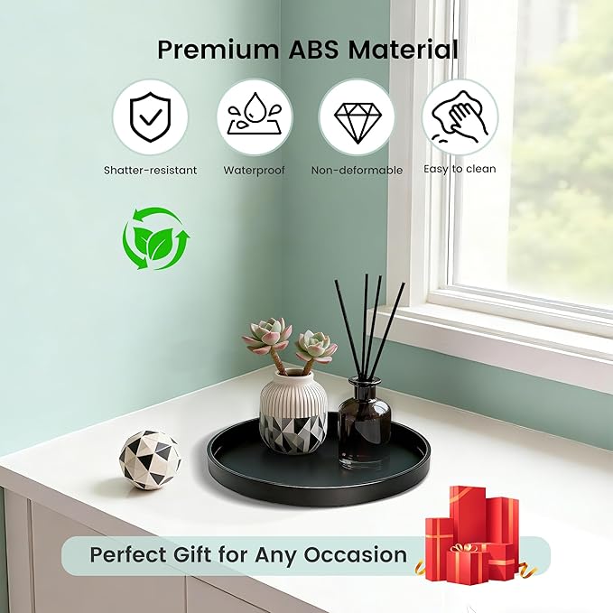 2 Pack 8" Bathroom and Vanity Tray, ABS Bathroom Counter Organizer, Coffee Table Decor for Perfume, Candles, Keys &More. Kitchen Countertop Organizer, Decorative Tray Soap Holder, Black