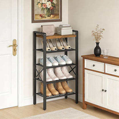 YATINEY 5-Tier Narrow Shoe Rack, Tall Shoe Rack for 5-10 Pairs, Slim Shoe Storage Organizer with Wooden Top, Space Saving, Metal Frame, for Entryway, Rustic Brown and Black SS65BR