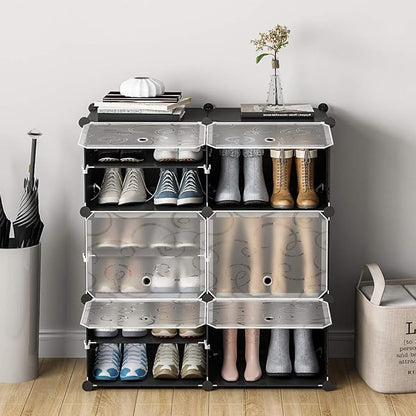 KOUSI Portable Shoe Rack Organizer 24 Pair Tower Shelf Storage Cabinet Stand Expandable for Heels, Boots, Slippers 6 Tier Black,Clear,32 inches x12 inches x36 inches