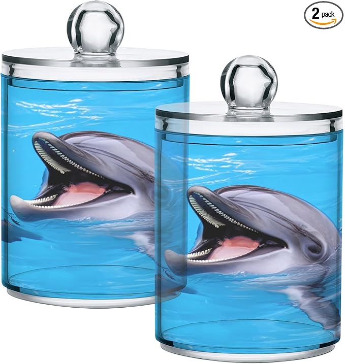 Milk Cow Qtip Holder with Lid 2PCS Apothecary Jars Storage Containers, Clear Plastic Canister for Cotton Swab,Floss Picks, Cosmetics (Cute Dolphin, one sizex2)
