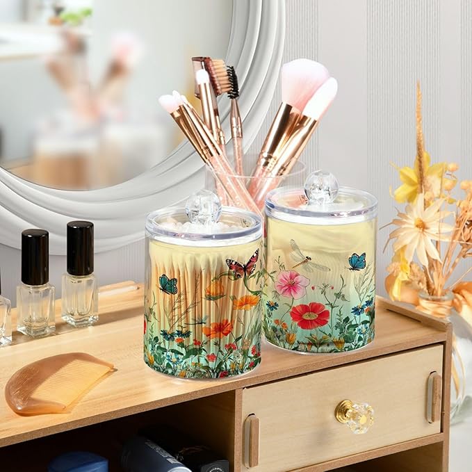 4 Pack Qtip Holder Dispenser Dragonfly Butterfly Tulip Flower Cotton Ball Swab Round Pads Floss Clear Bathroom Storage Containers Plastic Apothecary Jars with Lids