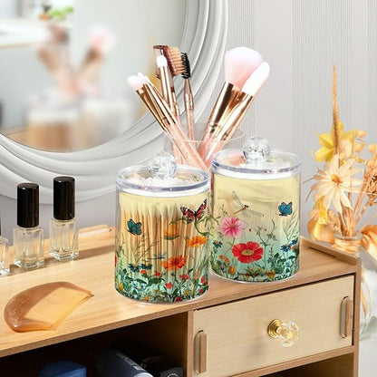 4 Pack Qtip Holder Dispenser Dragonfly Butterfly Tulip Flower Cotton Ball Swab Round Pads Floss Clear Bathroom Storage Containers Plastic Apothecary Jars with Lids