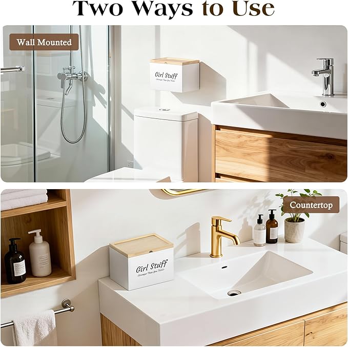 Luxspire Tampon Holder for Bathroom - Discreet Feminine Product Organizer with Lid & Wood Pad, Shark Week Tampon Storage Box, Stylish Girl Stuff Organizer for Bathroom, White