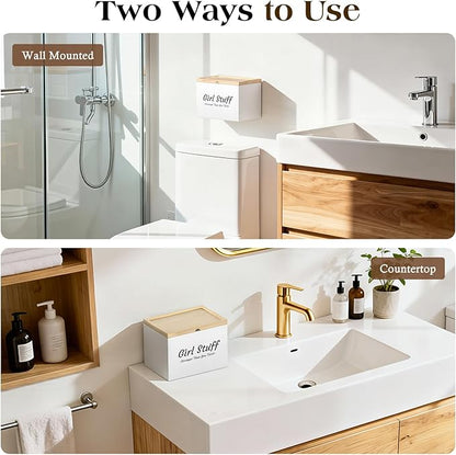 Luxspire Tampon Holder for Bathroom - Discreet Feminine Product Organizer with Lid & Wood Pad, Shark Week Tampon Storage Box, Stylish Girl Stuff Organizer for Bathroom, White