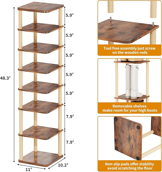 LUCKNOCK Vertical Shoe Rack, 8-Tier Tall Narrow Shoe Organizer for Entryway, Closet, Dorm & Small Spaces, Freestanding Wooden Shoe Shelf Tower for Boots, Sneakers, Heels. (Rustic Brown)