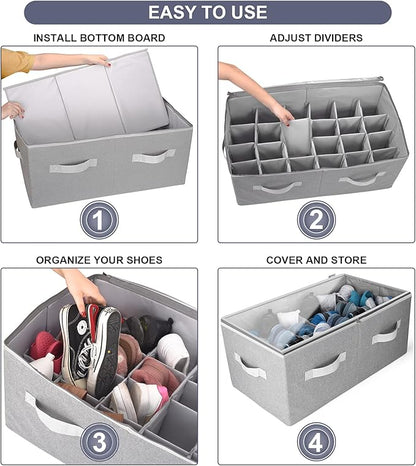 Moteph Shoe Organizer Closet Storage Solution with Clear Cover & Adjustable Dividers for Shoes, Handbags, Blankets, Linen, Clothing (Large - 24 Pairs, Grey)