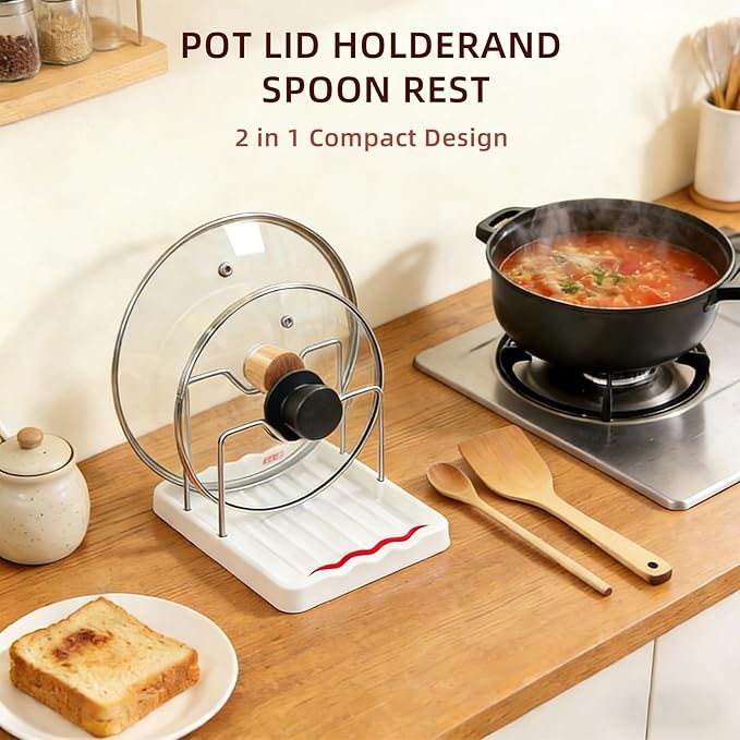 Pot Lid Holder and Spoon Rest, 2-in-1 Kitchen Counter Organizer with Stainless Steel Lid Holder While Cooking and Plastic Utensil Rest, Space Saving Pot Cover Rack for Stovetop and Countertop (White)