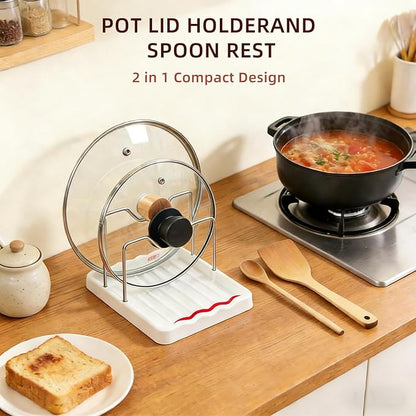 Pot Lid Holder and Spoon Rest, 2-in-1 Kitchen Counter Organizer with Stainless Steel Lid Holder While Cooking and Plastic Utensil Rest, Space Saving Pot Cover Rack for Stovetop and Countertop (White)
