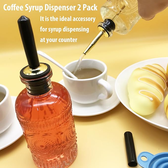 Glass Coffee Syrup Dispenser Bottles 7 OZ with Metal Pour Spout, 2-Pack Syrup Bottles Set with Funnel, Perfect for Maple, Honey Syrup, Oil, and Sauces - Coffee Bar Accessories