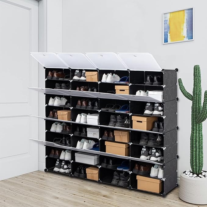 Shoe Rack Organizer, 16 Cube 8 Tier Covered Shoe Storage Cabinet 64 Pairs Freestanding DIY Shoe Shelves Plastic Shoes Rack for Closet Entryway Hallway Bedroom (Black3)