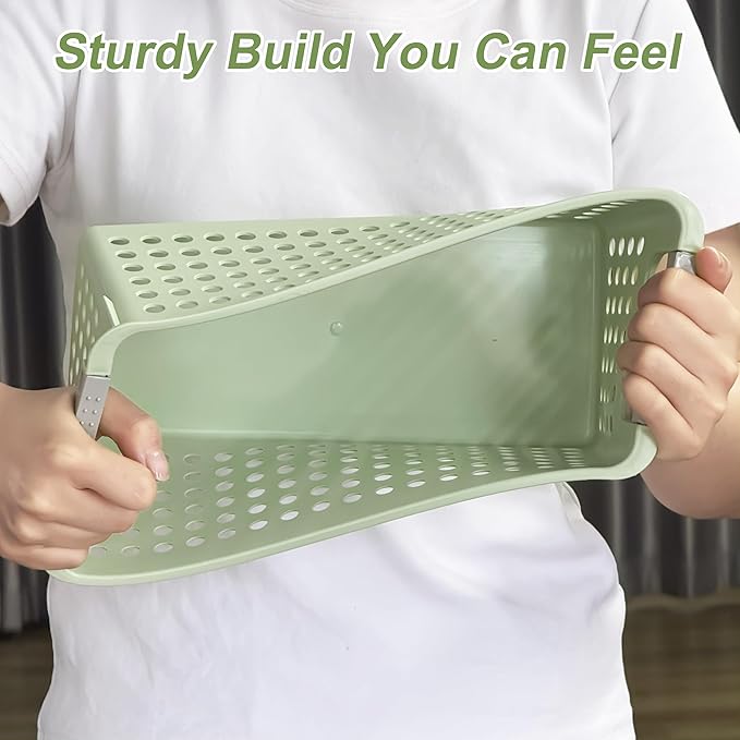 Soddeph Slim Plastic Storage Basket with Handles, Narrow Organizer box for Shelves, Organizer box for Organizing, Kitchen,Home,Office (Green, Small)