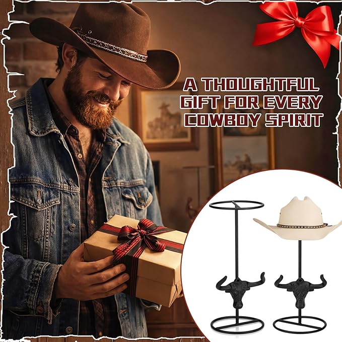 Chunful 2 Pcs Cowboy Hat Stand Display Father Day Bulk Gifts Western Metal Longhorn Hook Rack Vintage Rustic Hat Holder Rack Organizer for Display Tabletop Desk Organization Father Cowboy Western Gift