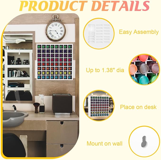 64 Grids Hair Color Organizer for 2oz Shades EQ Wall Mounted Hair Color Rack Stackable Hair Dye Holder Paint Bottle Rack Stand for Salon Decor Lumishine Igora Vibrance Deepshine Use (1, White)