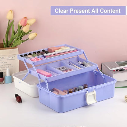 Hipiwe 3-Layer Plastic Storage Box 12.8" Multipurpose Craft Organizers with Dividers & Handle, Hair Accessories Organizer Folding Craft Tool Case Portable Tackle Box for Sewing Art Cosmetic, Purple