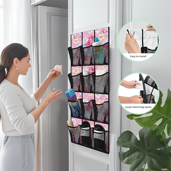 Space Saving Hanging Shoe Organizer,Entryway Bedroom Bathroom Storage Bags with 12 Mesh Large Pockets Waterproof Reusable,Tropical Flower Pink