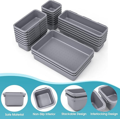 25 PCS Drawer Organizer Set, 4 Size Makeup Drawer Divider Organizer With Non-Slip Pads, Interlocking Plastic Storage Bins for Office,Jewelry Vanity,Gadgets, Bathroom,Kitchen, Grey