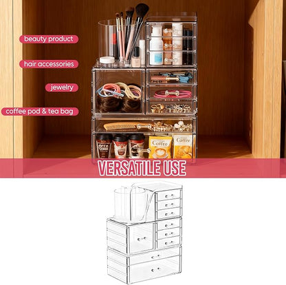ShineMe Clear Makeup Organizer with 9 Drawers, 3 Tier Stackable Makeup Storage Organizer with Rotating Brush Holder, Acrylic Countertop Makeup Organizer for Vanity Skincare Jewelry Hair Accessories