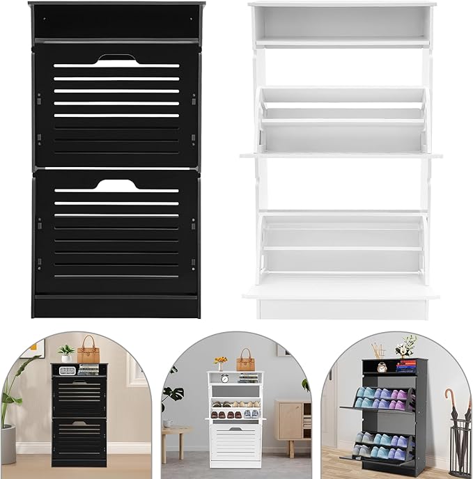 Free Standing Shoe Rack for Entryway, Hidden Narrow Shoe Storage Cabinet w/2 Flip Drawers, Shoe Organizer Cabinet for Bedroom Hallway Home Apartment (Black)