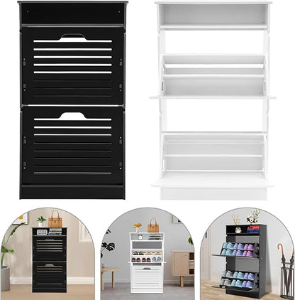 Free Standing Shoe Rack for Entryway, Hidden Narrow Shoe Storage Cabinet w/2 Flip Drawers, Shoe Organizer Cabinet for Bedroom Hallway Home Apartment (Black)