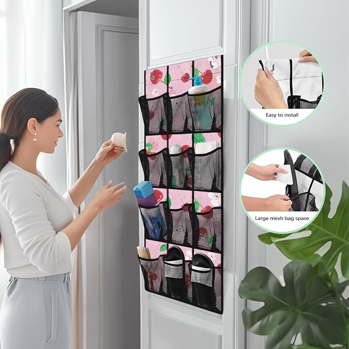 Over The Door Storage Bag with 12-Pockets, Oxford Material Waterproof Lightweight and Perfect for Organizing Bathroom Bedroom or Kitchen Essentials, Cherry Pattern