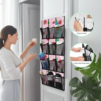 Over The Door Storage Bag with 12-Pockets, Oxford Material Waterproof Lightweight and Perfect for Organizing Bathroom Bedroom or Kitchen Essentials, Cherry Pattern